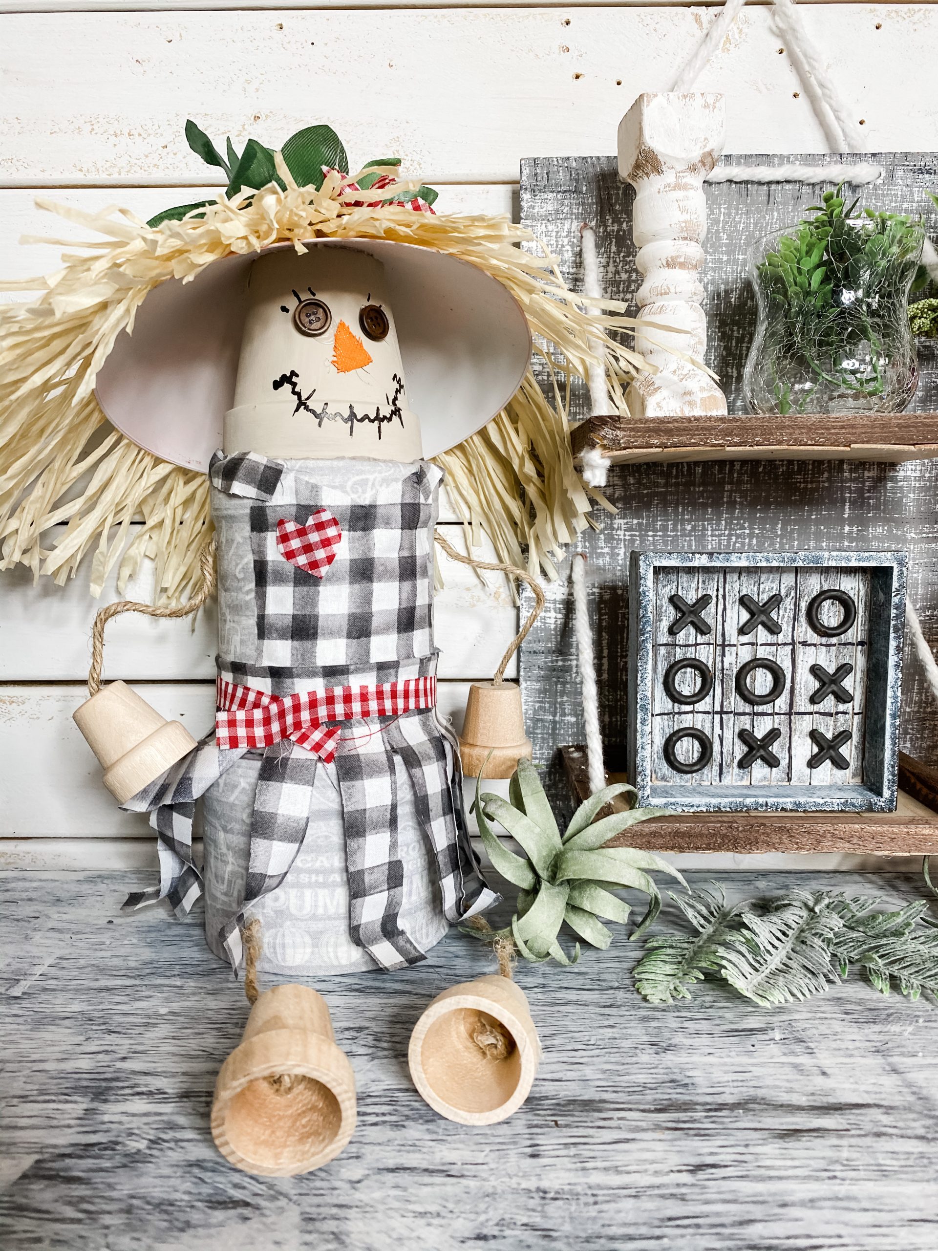 diy scarecrow shelf sitter