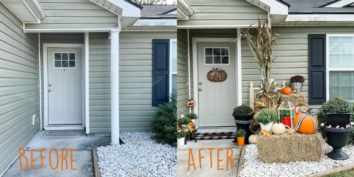 Before and after fall front porch makeover with pumpkins, mums, hay bales and cornstalks