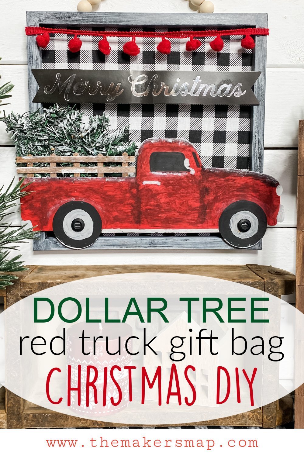 Dollar Tree Red Truck Gift Bag DIY Christmas Sign