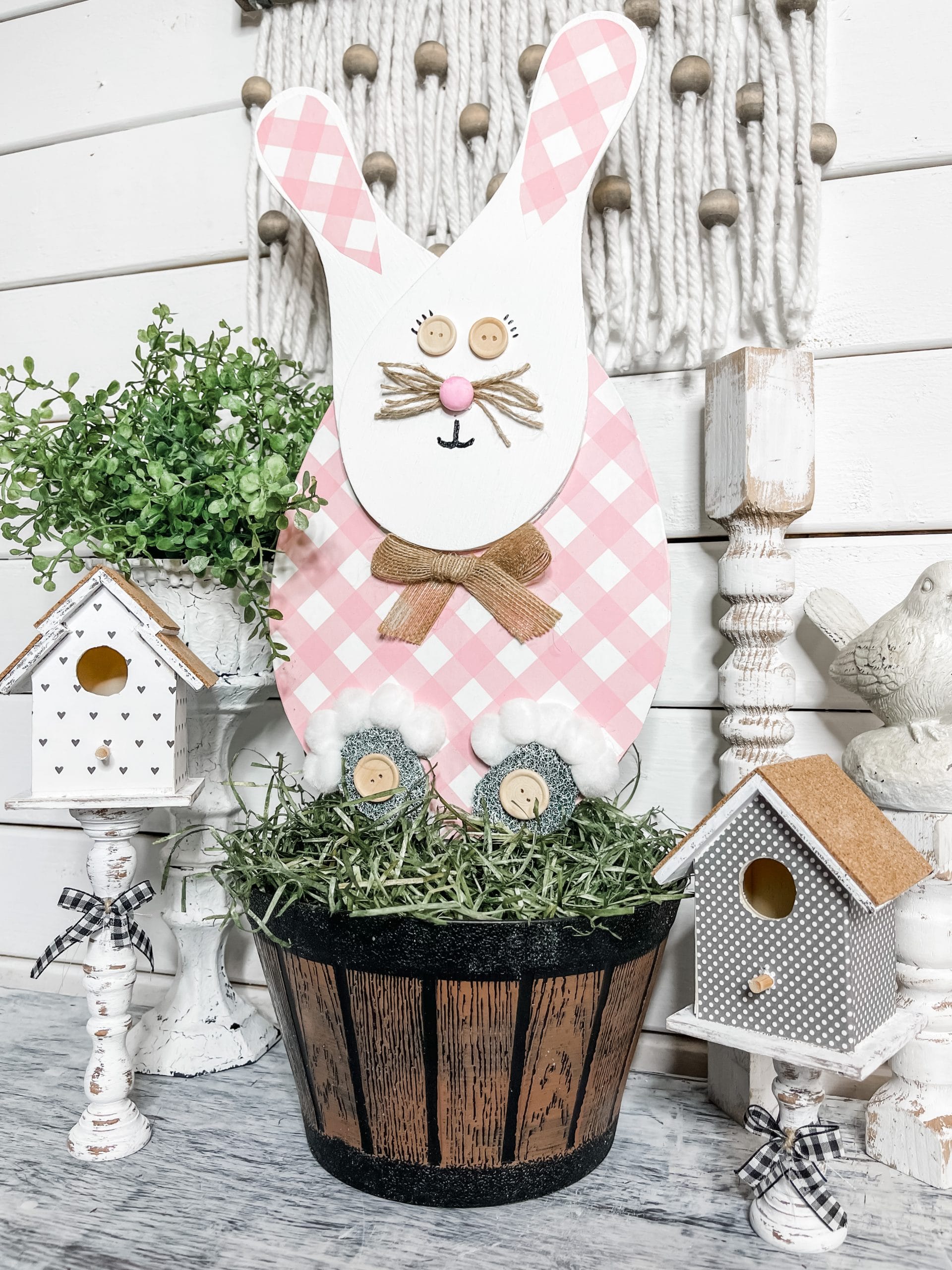 PRIMITIVE WOOD SIGN~"EASTER"~Rabbit/Bunny/Flower Shelf Sitter Wall Hanging Jute
