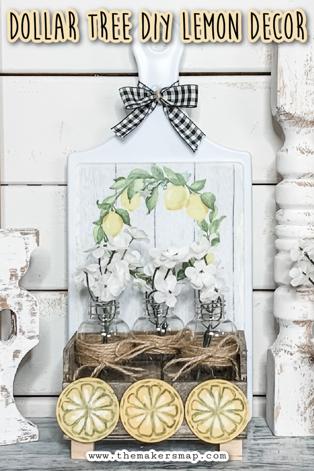 Dollar Tree DIY Farmhouse Lemon Cutting Board Decor