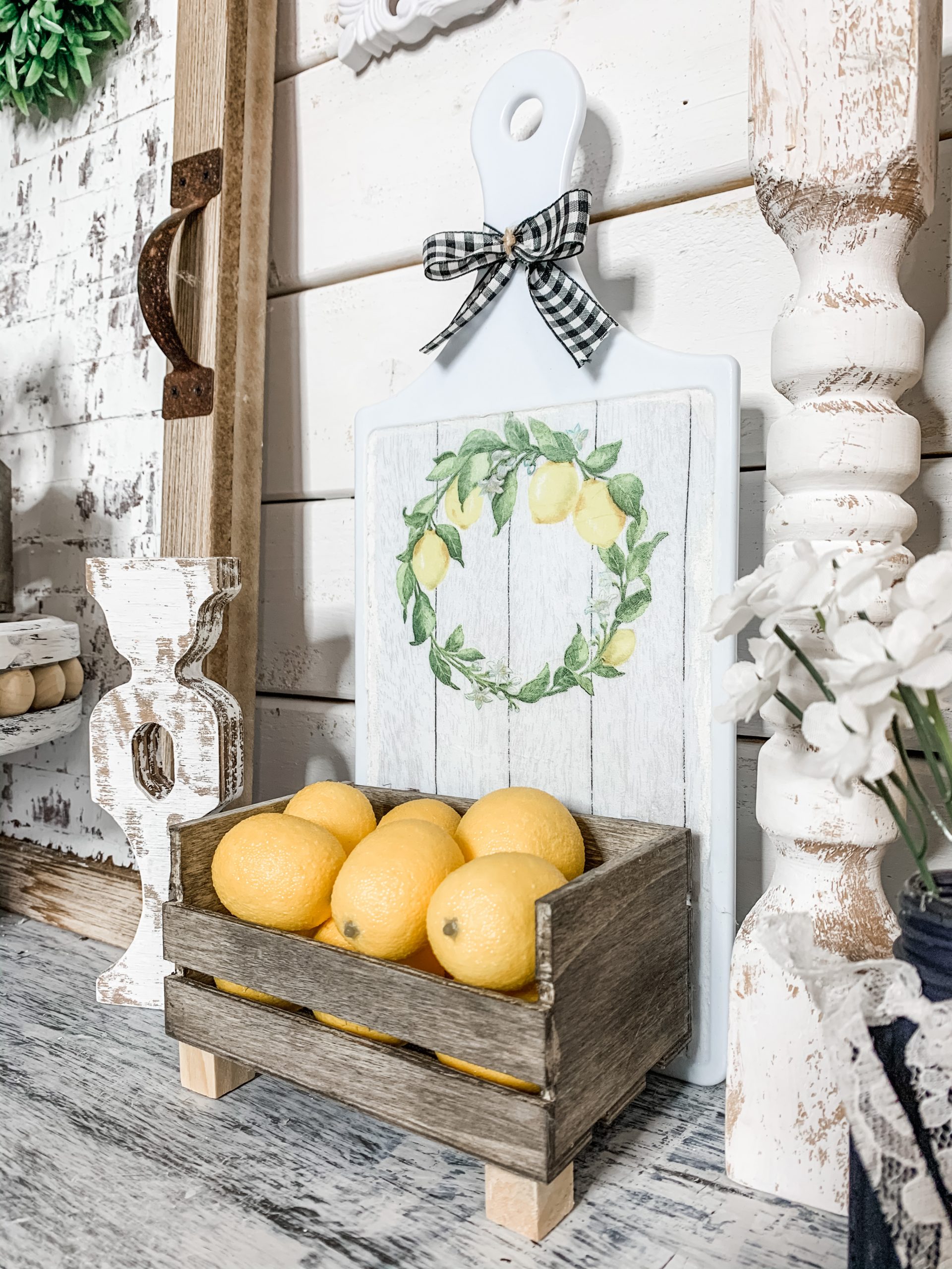 Dollar Tree DIY Farmhouse Lemon Cutting Board Decor