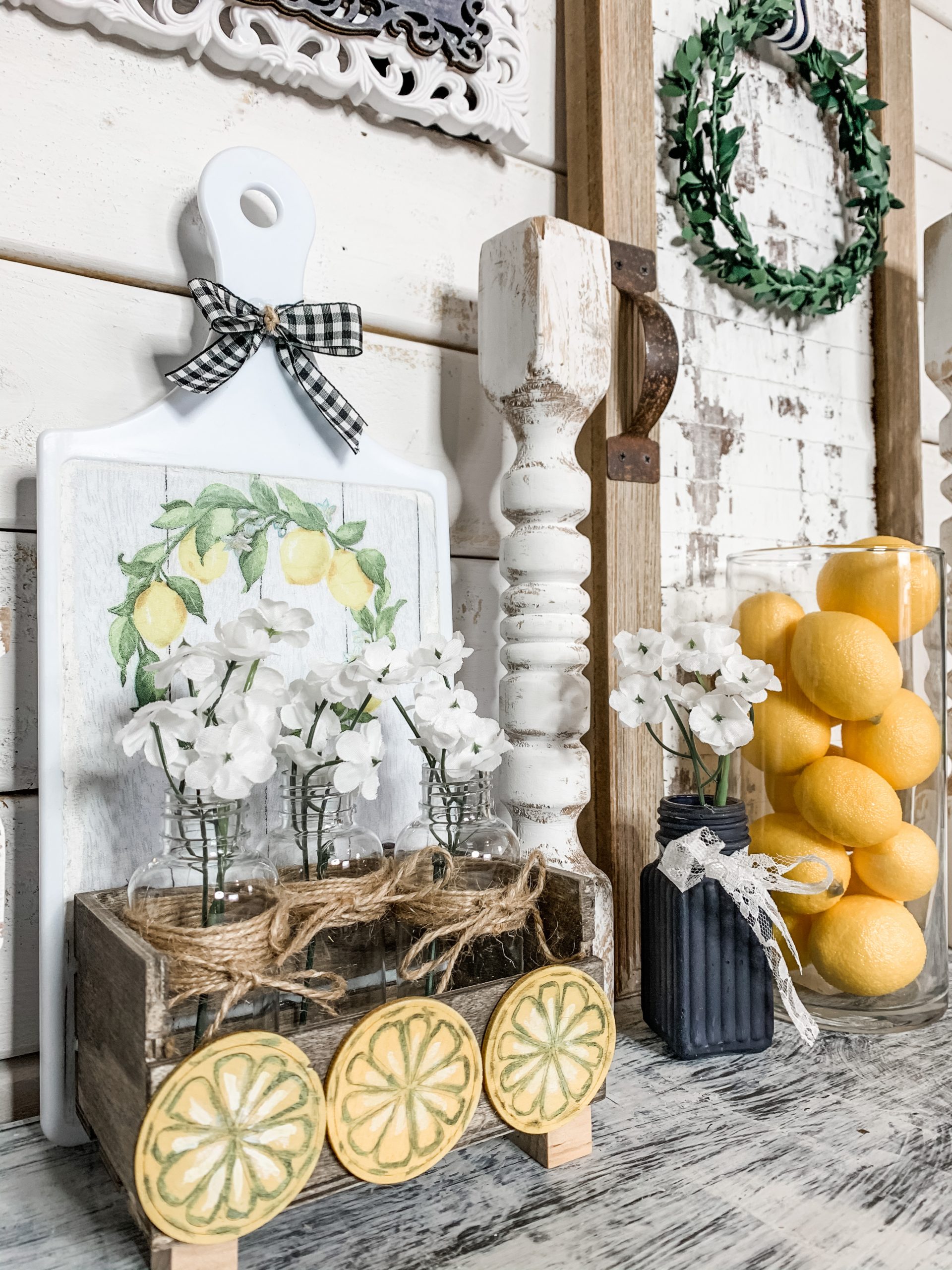 Dollar Tree DIY Farmhouse Lemon Cutting Board Decor