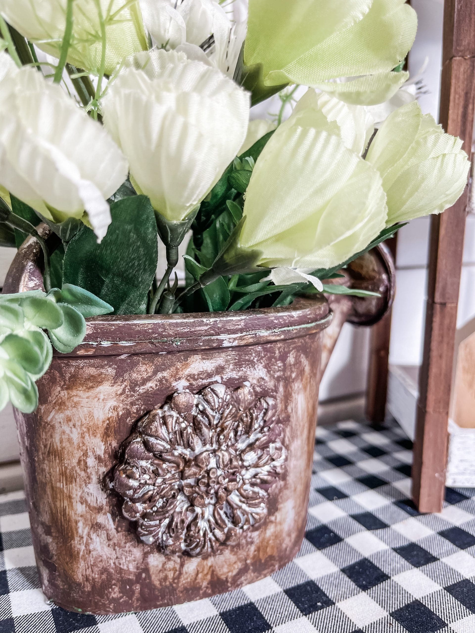 Dollar Tree Toy Watering Can Faux Rust Makeover