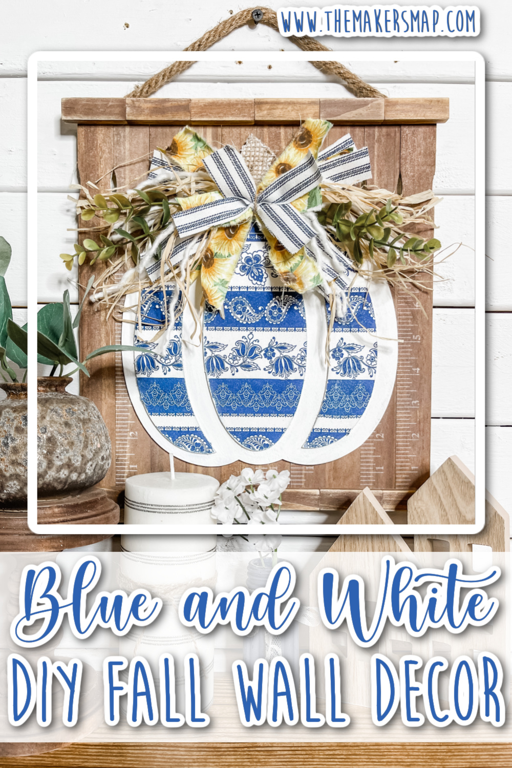 Blue and White Fall Pumpkin Wall Decor