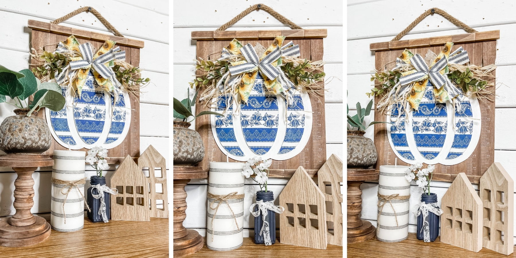 Blue and White Fall Pumpkin Wall Decor