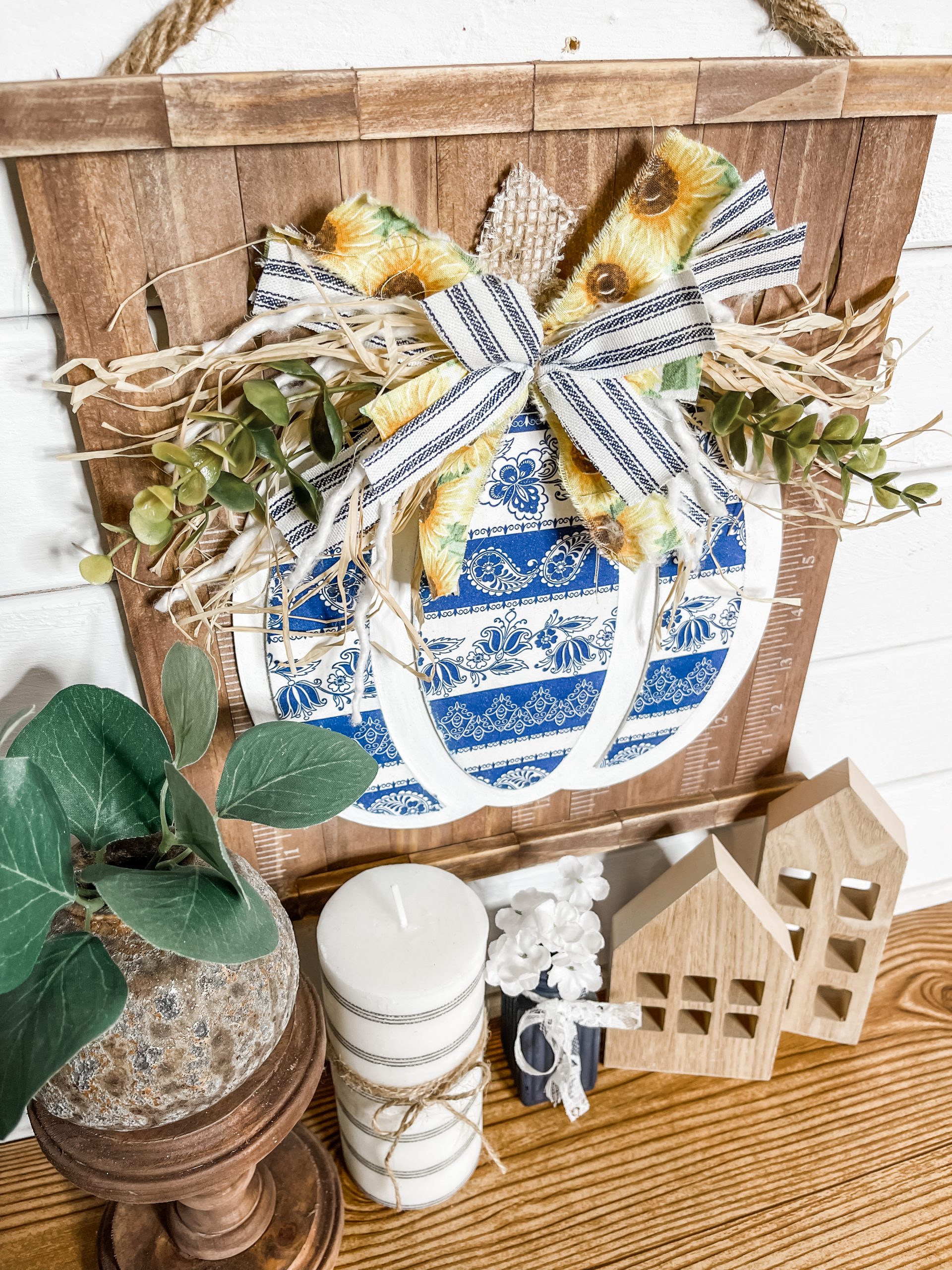 Blue and White Fall Pumpkin Wall Decor