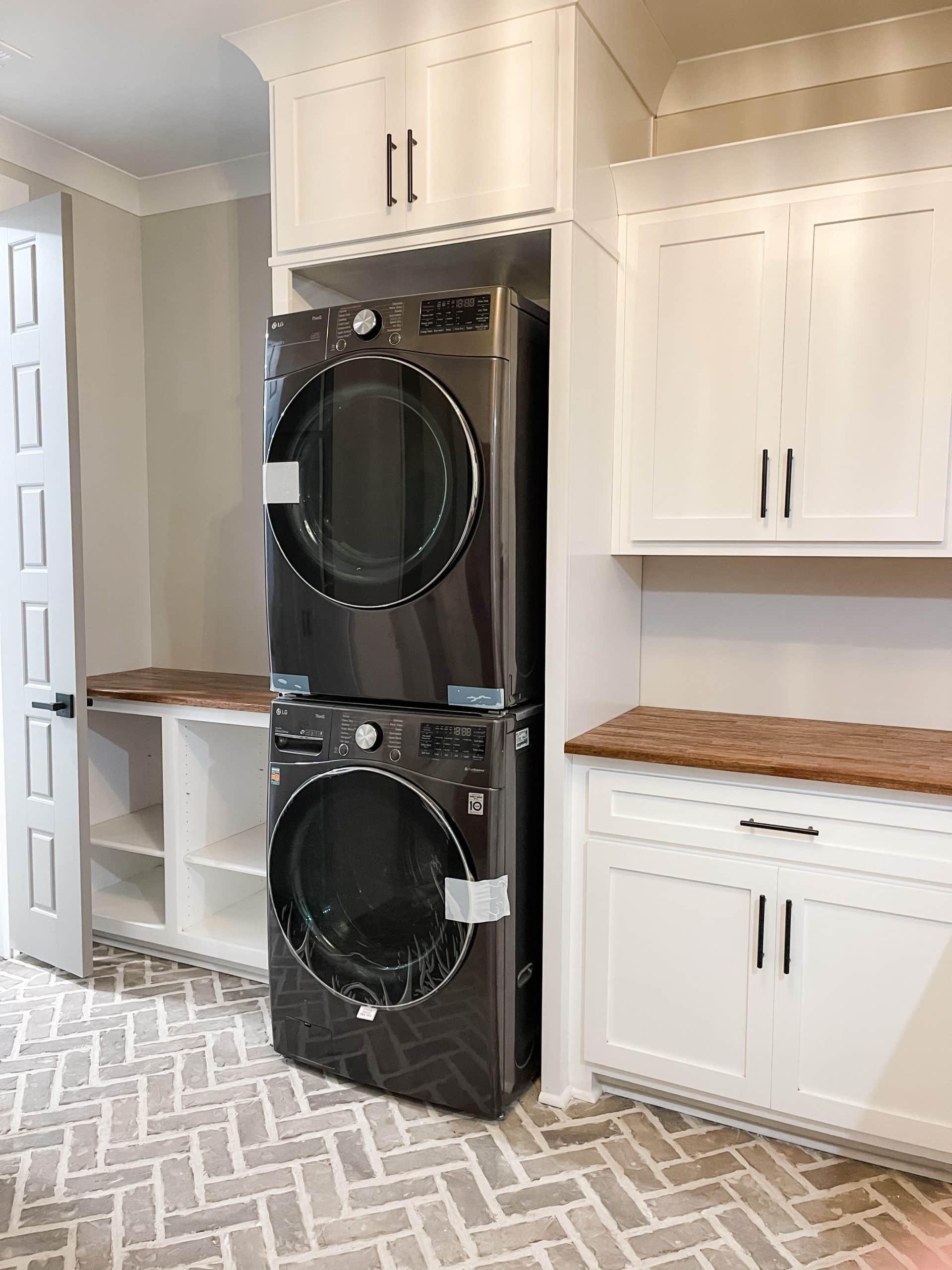 herringbone brick floor laundry room farmhouse stackable washer dryer mud room ideas floor plan