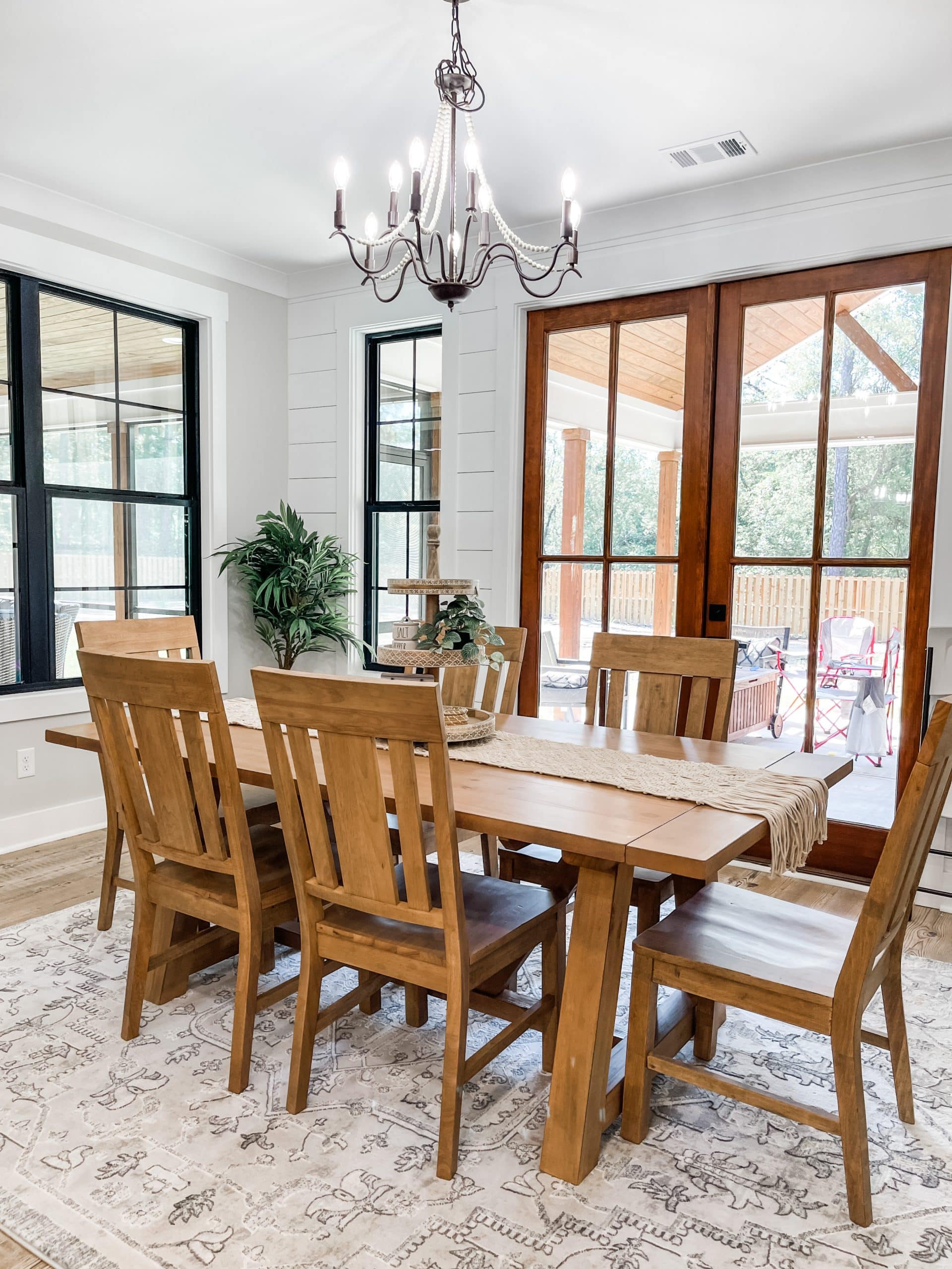 farmhouse dining room ideas with black windows and 9 foot ceilings