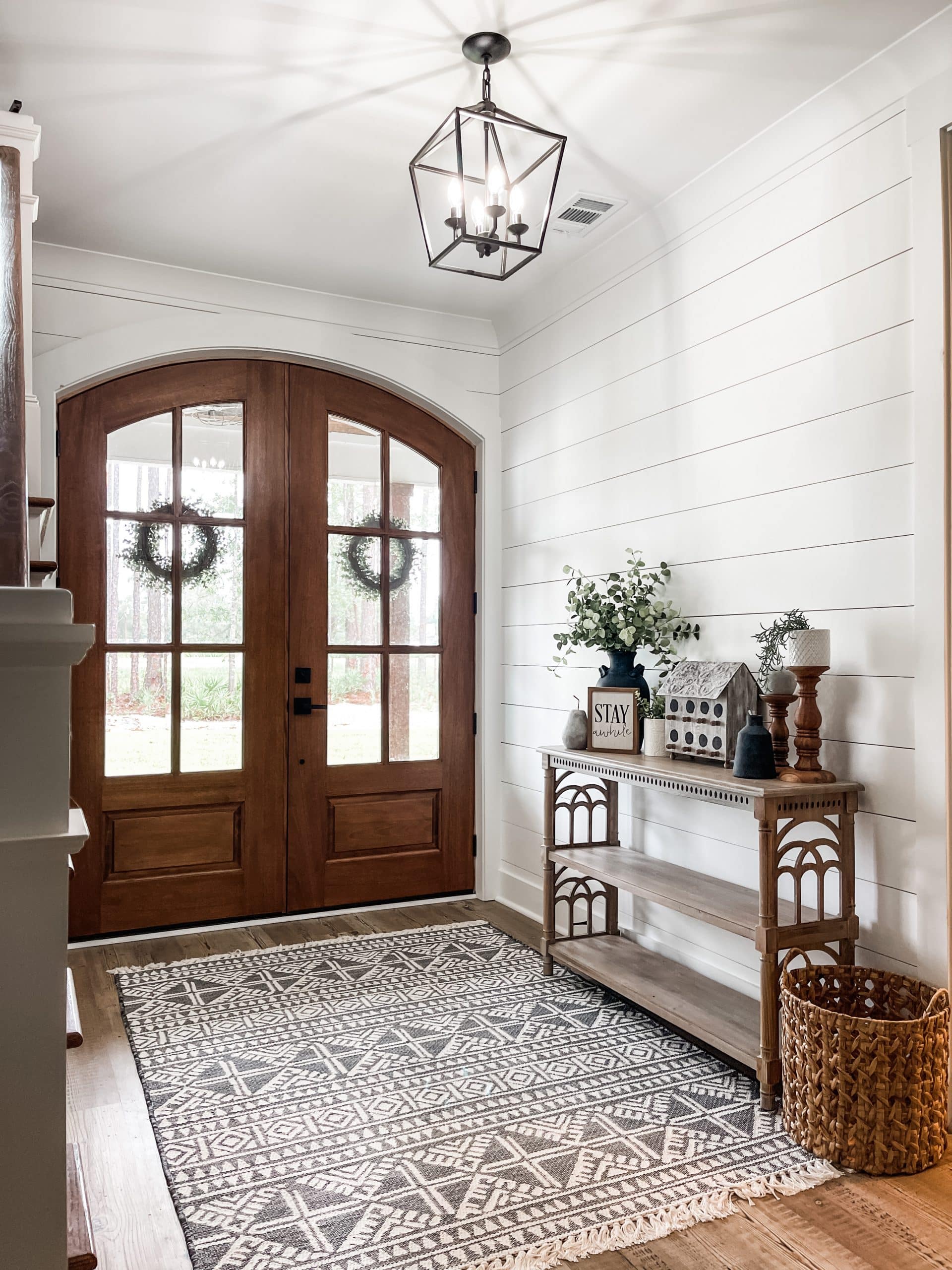 shiplap farmhouse entry way 8 foot double wood doors boho home decor ideas farmhouse style porch