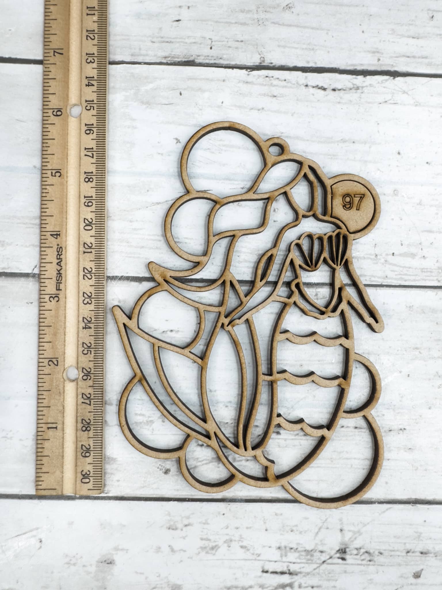 6 inch Faux Stained Glass Mermaid Suncatcher wooden outline with inch ruler for size reference