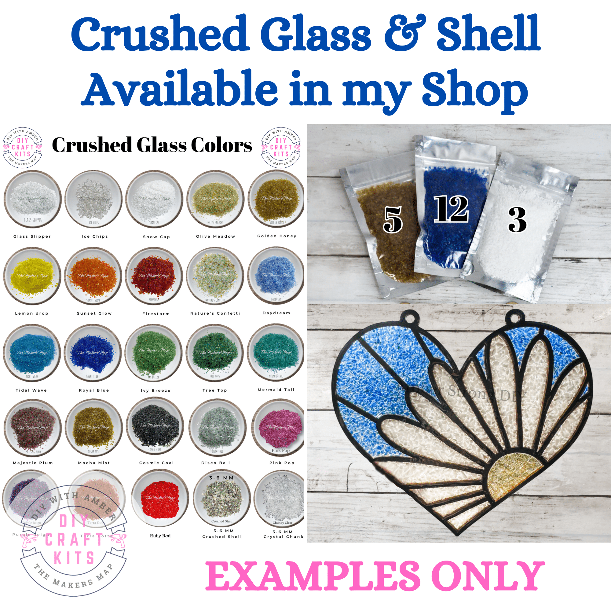 examples of crushed glass and shell available in Amber's shop