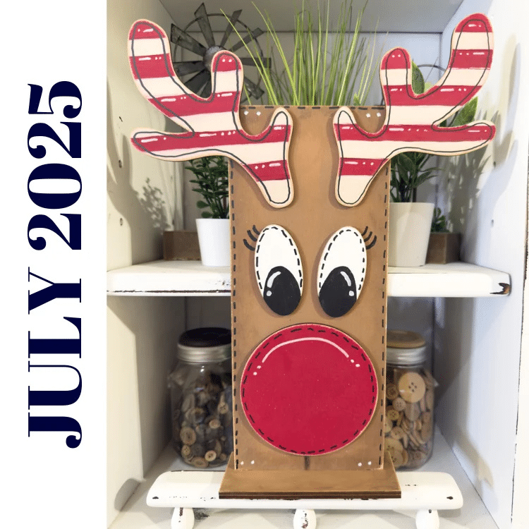 reindeer shelf sitter painted and displayed as rudolph