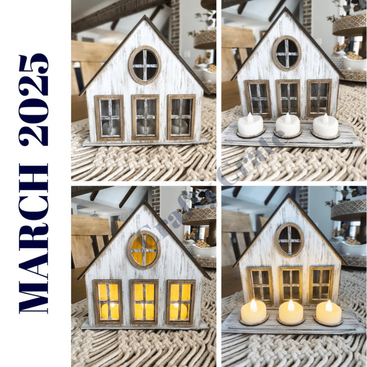 3 dimensional house with tea lights painted and assembled displayed in a collage
