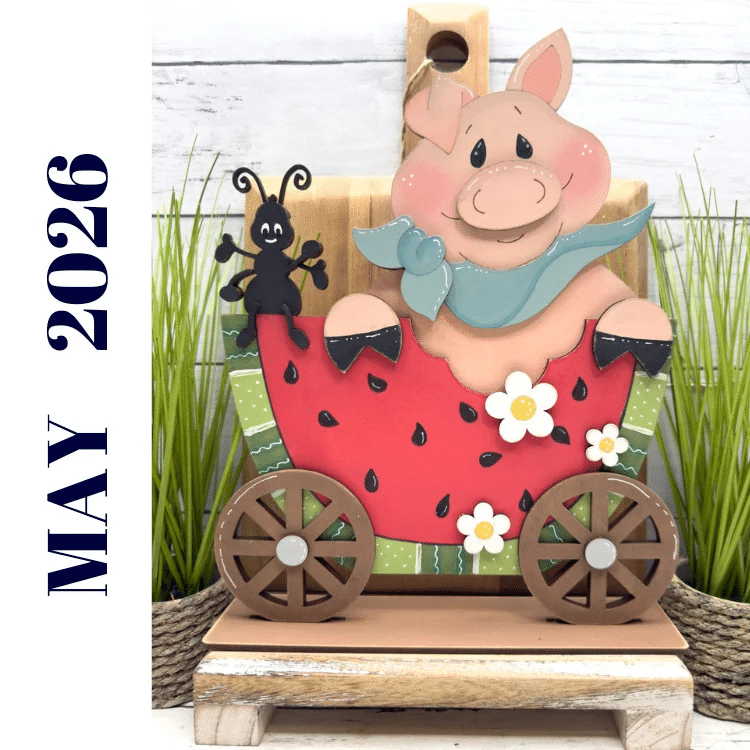 cute pig with ant eating a watermelon cart painted and displayed