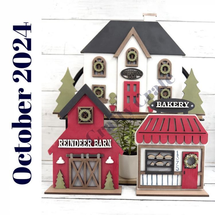 christmas house, barn and bakery painted in classic red, black and white