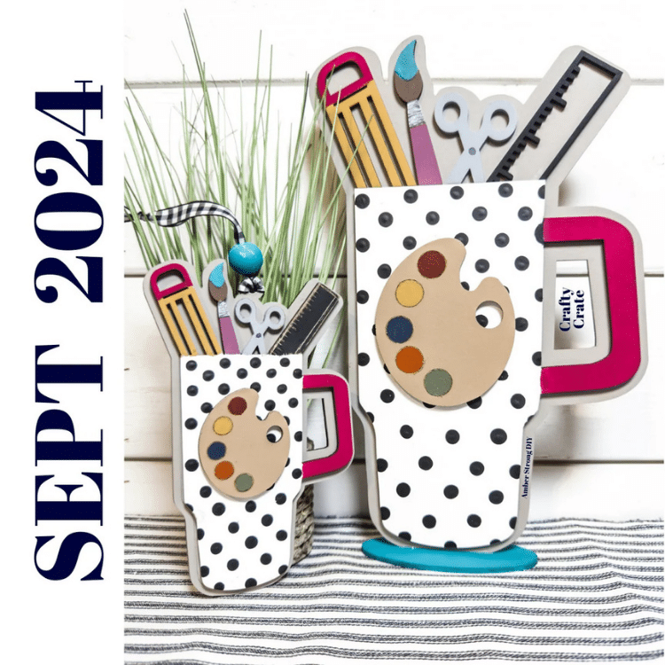 miniature and large travel mugs painted white with polka dots holding various craft supplies