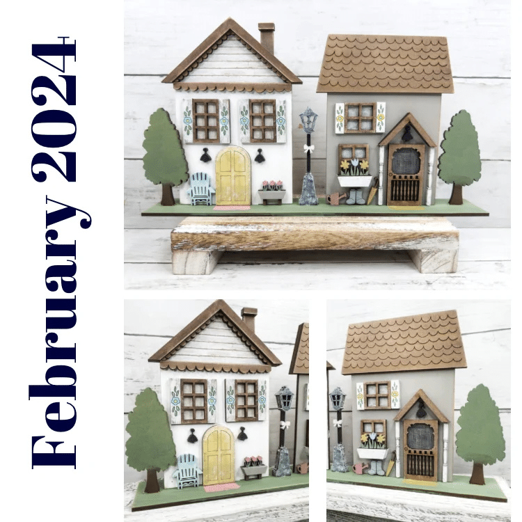 two houses with greenery shelf sitter painted with everyday aesthetic