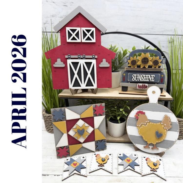 red farhouse barn, blue rustic truck, barn quilt square, rooster sign and chicken banner tiered tray set painted and displayed together