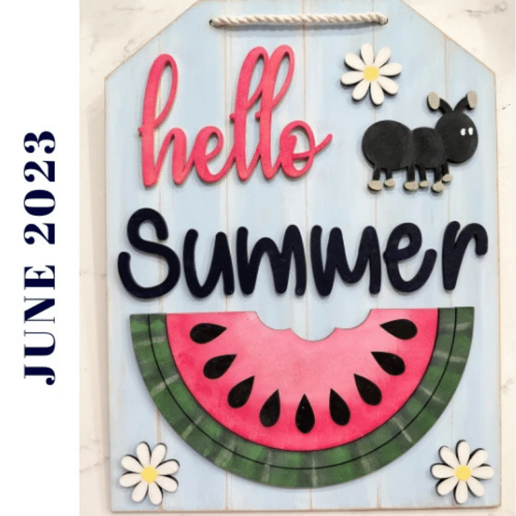 hello summer tag shaped wooden sigh with watermelon, ant, and flower cutouts