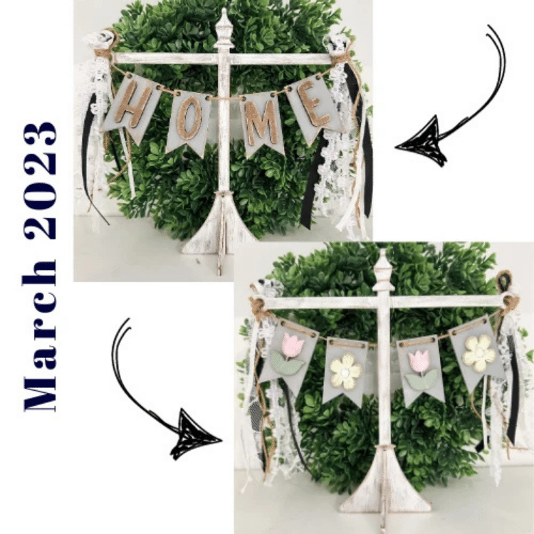 reversible spring banner with flowers on one side and HOME spelled on the other displayed on wood beam