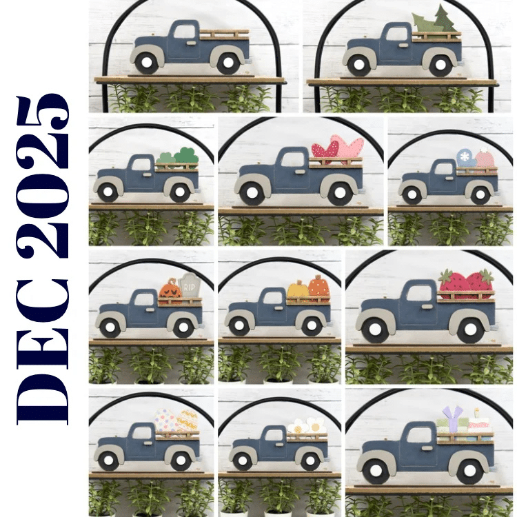 interchangeable rustic truck painted navy with seasonal inserts displayed in a collage