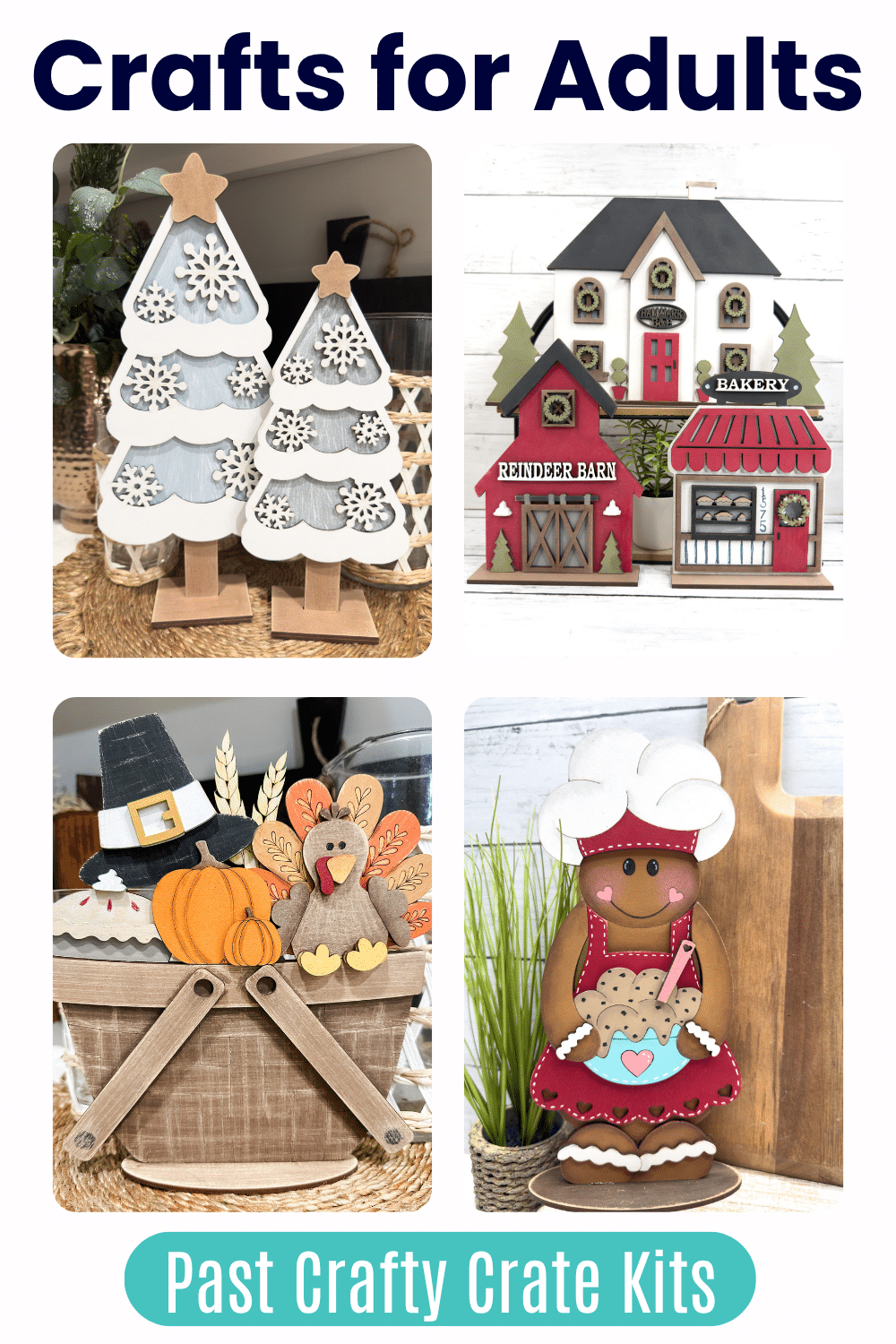 three christmas winter themed craft kits and one thanksgiving inspired craft kit as past examples of the crafty crate