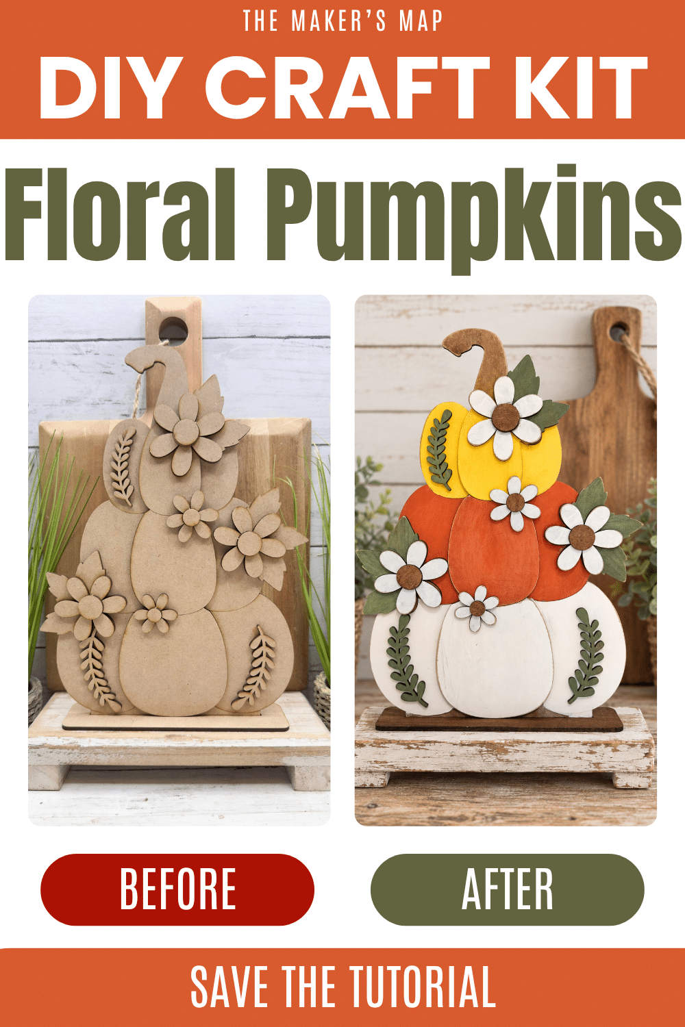 Before and after floral stacked pumpkin craft kit, showing unfinished wood and painted yellow, orange, and cream pumpkins.