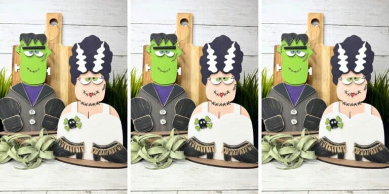 painted and assembled frankenstein and bride diy craft kits displayed in three panels