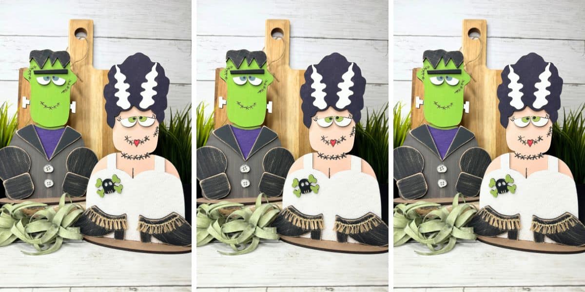 painted and assembled frankenstein and bride diy craft kits displayed in three panels