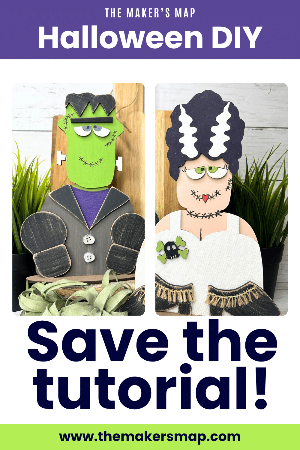 designed image showing frankenstein and bride of frankenstein craft kits painted and assembled with the words Halloween DIY and Save the tutorial!