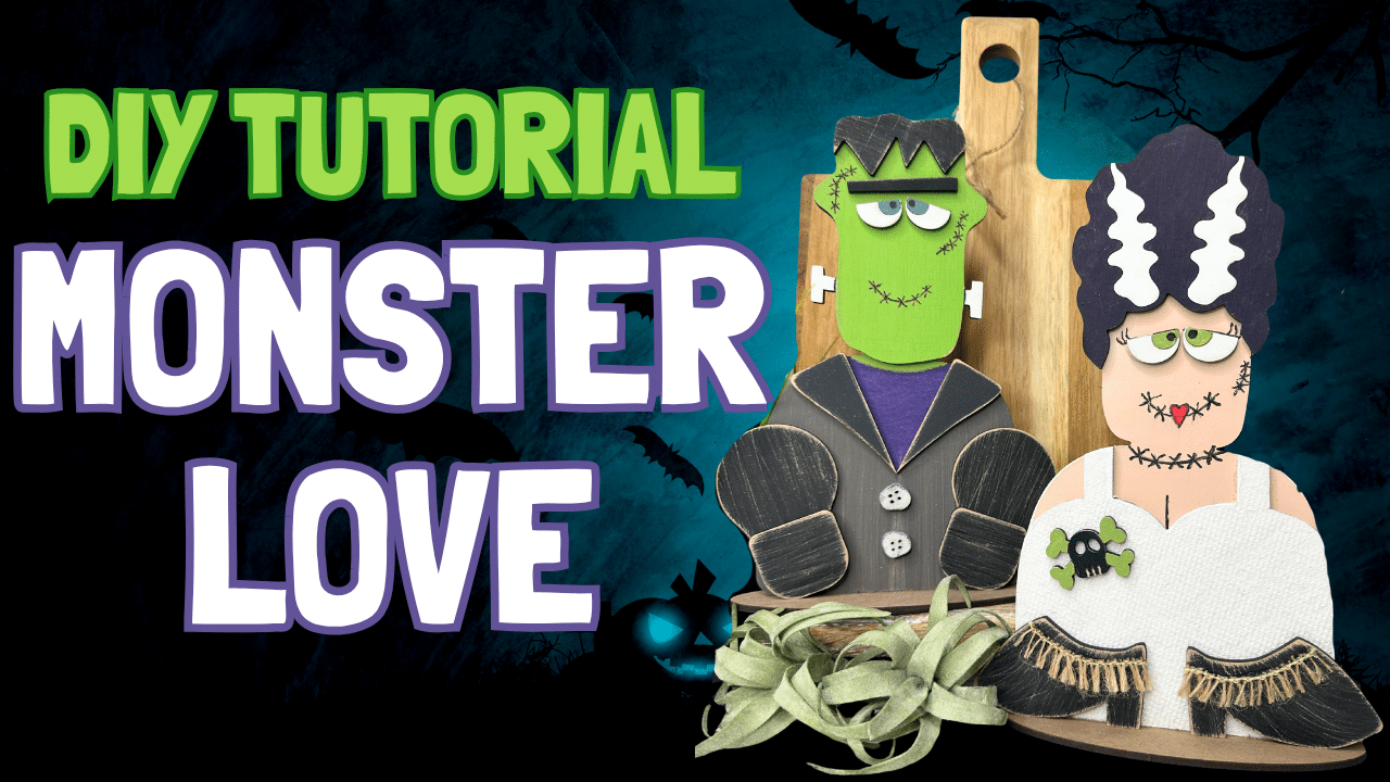 frankenstein and bride of frankenstein diy craft kit tutorial youtube thumbnail showing painted and assembled monsters and DIY TUTORIAL MONSTER LOVE words