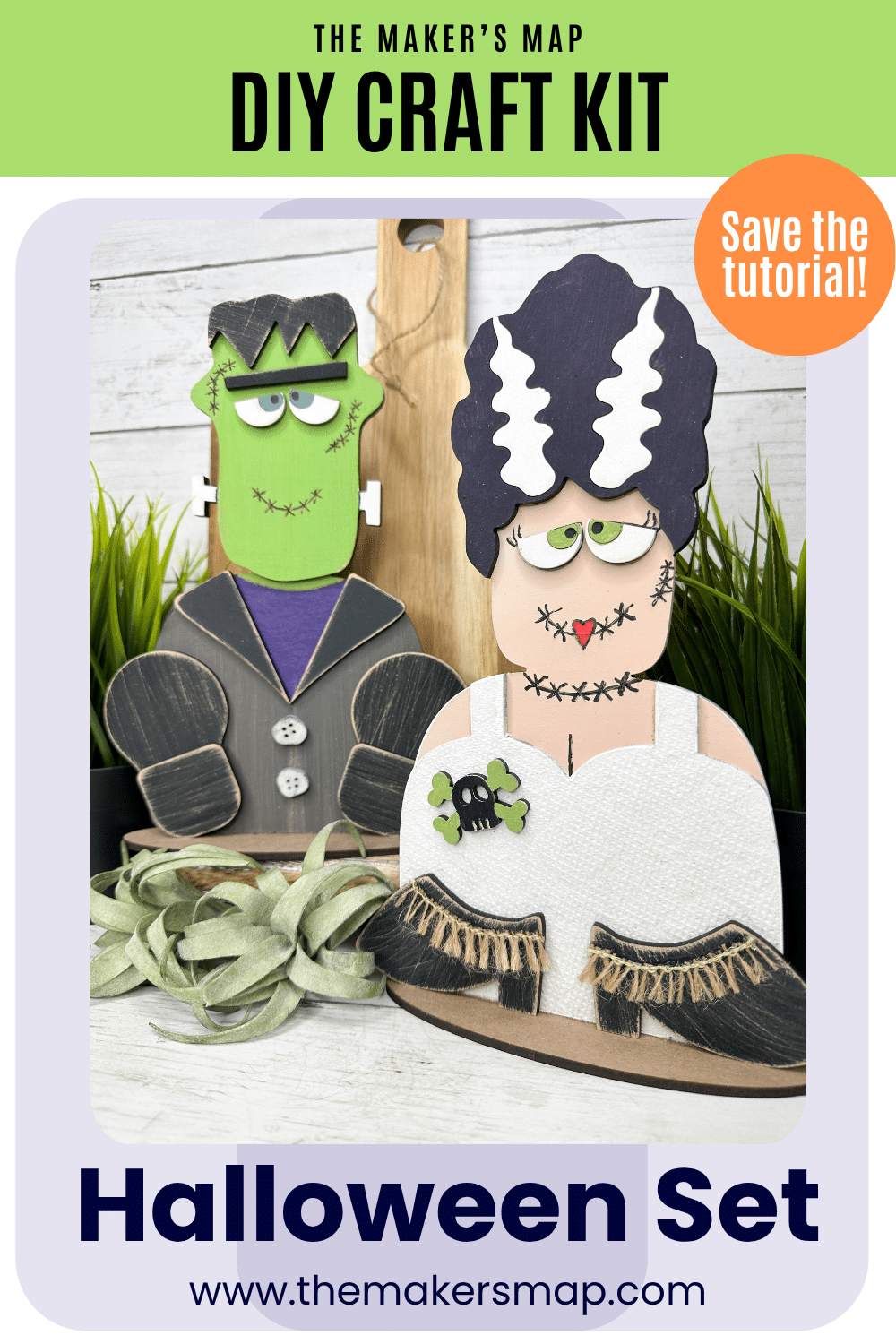 The Maker's Map DIY Craft Kit Save the Tutorial Frankenstein and Bride of Frankenstein painted and displayed as a halloween set example